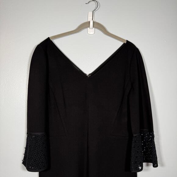 Lafayette 148 Black Midi Dress 10 Lace Bell Sleeves Cocktail Sheath Elegant - Picture 6 of 10